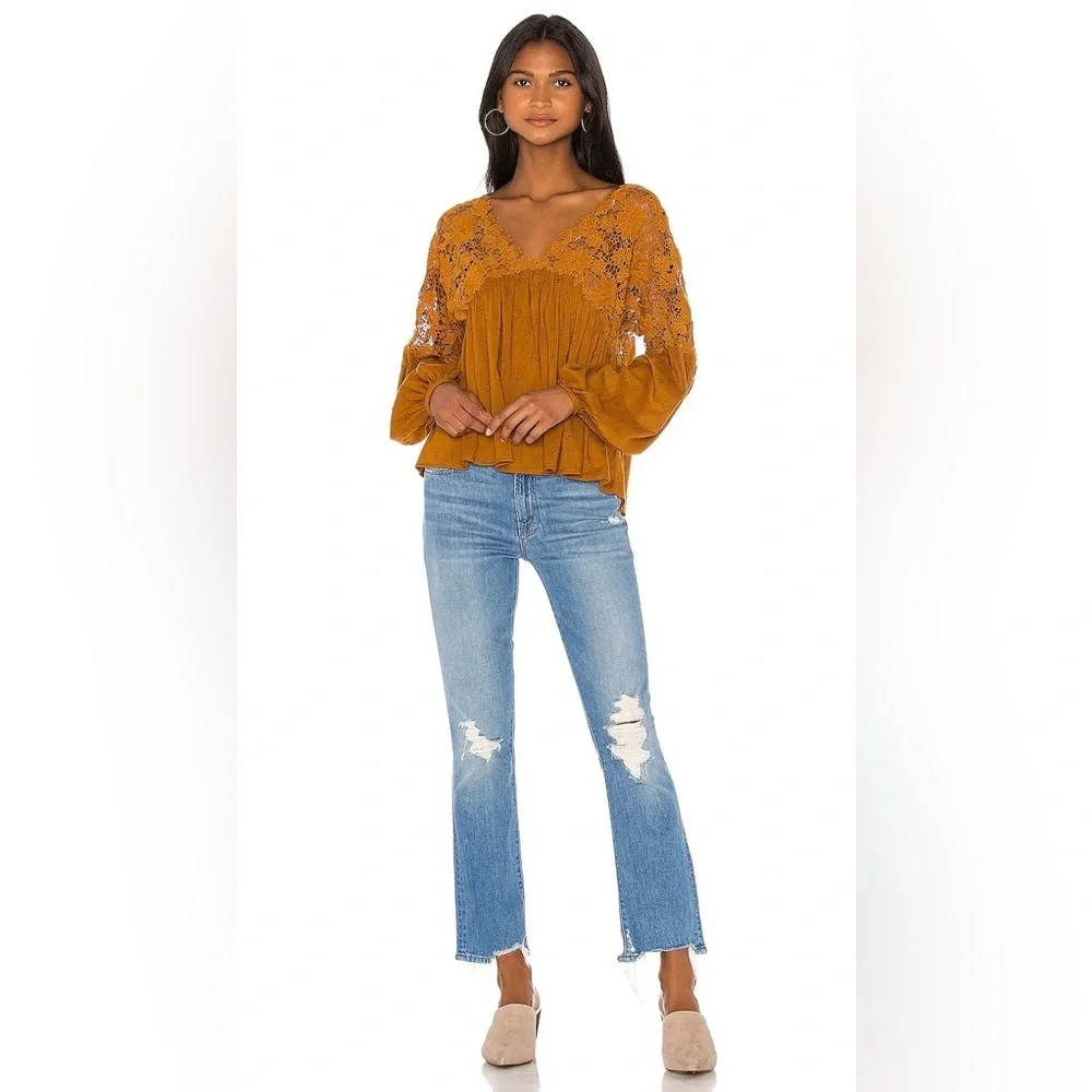 Free People Gold V-Neckline Bell Sleeves 100% Cotton Lina Lace Top Sz Sm
